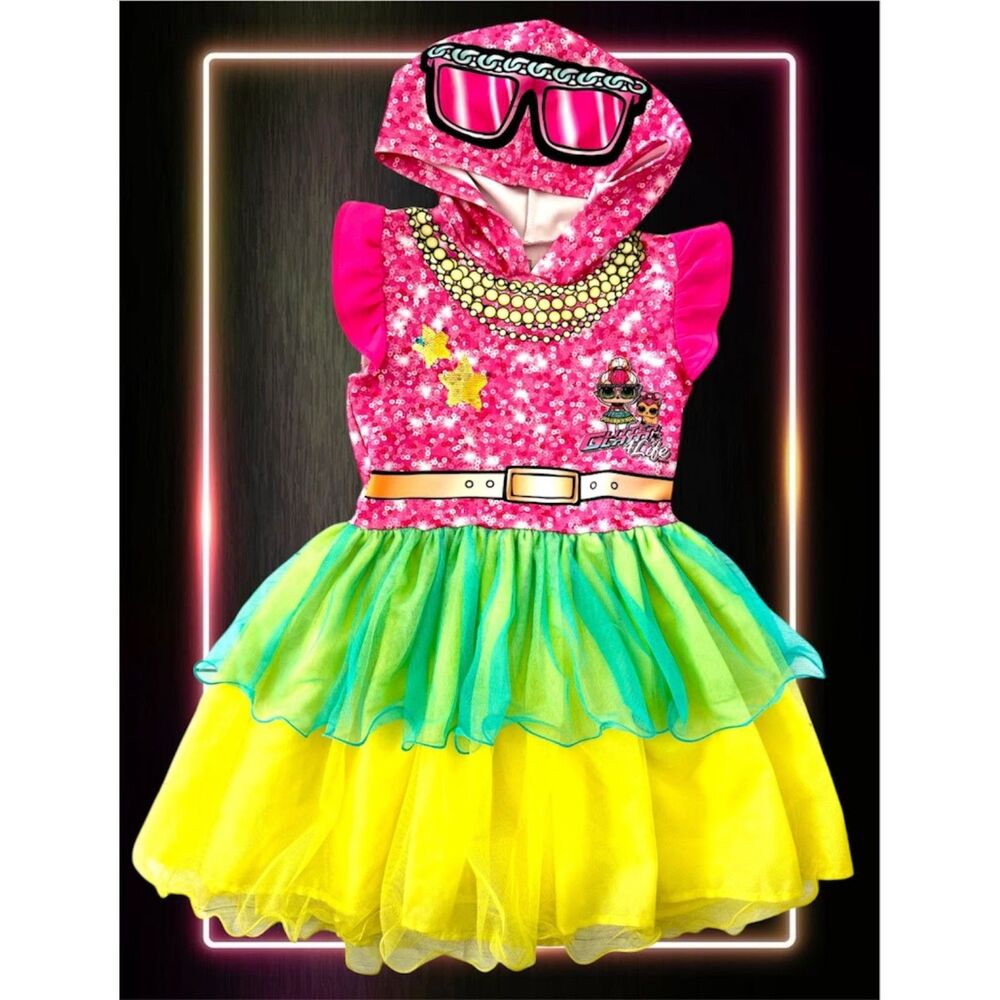 LOL Surprise Girls Hooded Dress, Size 7/8, Pink Green Yellow, Sequin